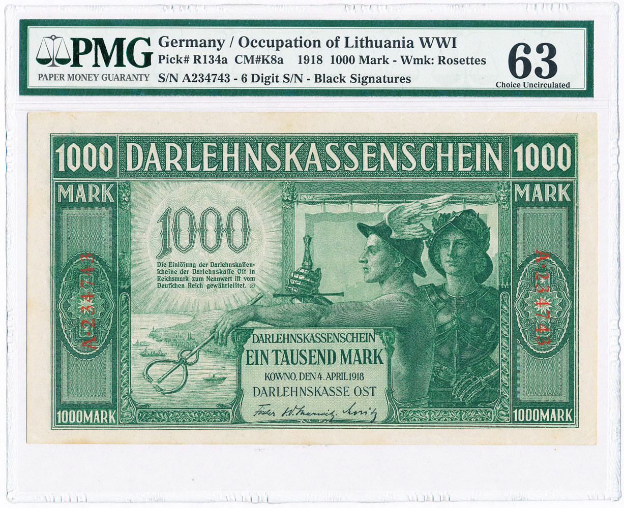 Polska OST. 1000 marek 1918 Kowno seria A PMG 63